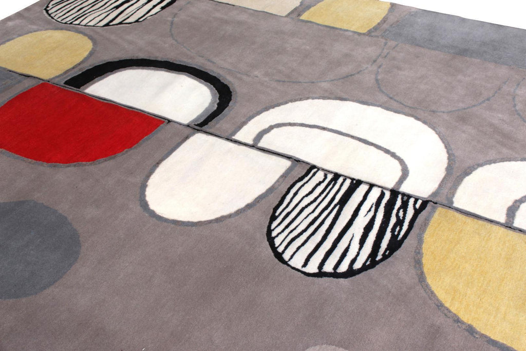 Mid-Century Modern Rug in Silver-Grey with Geometric Patterns