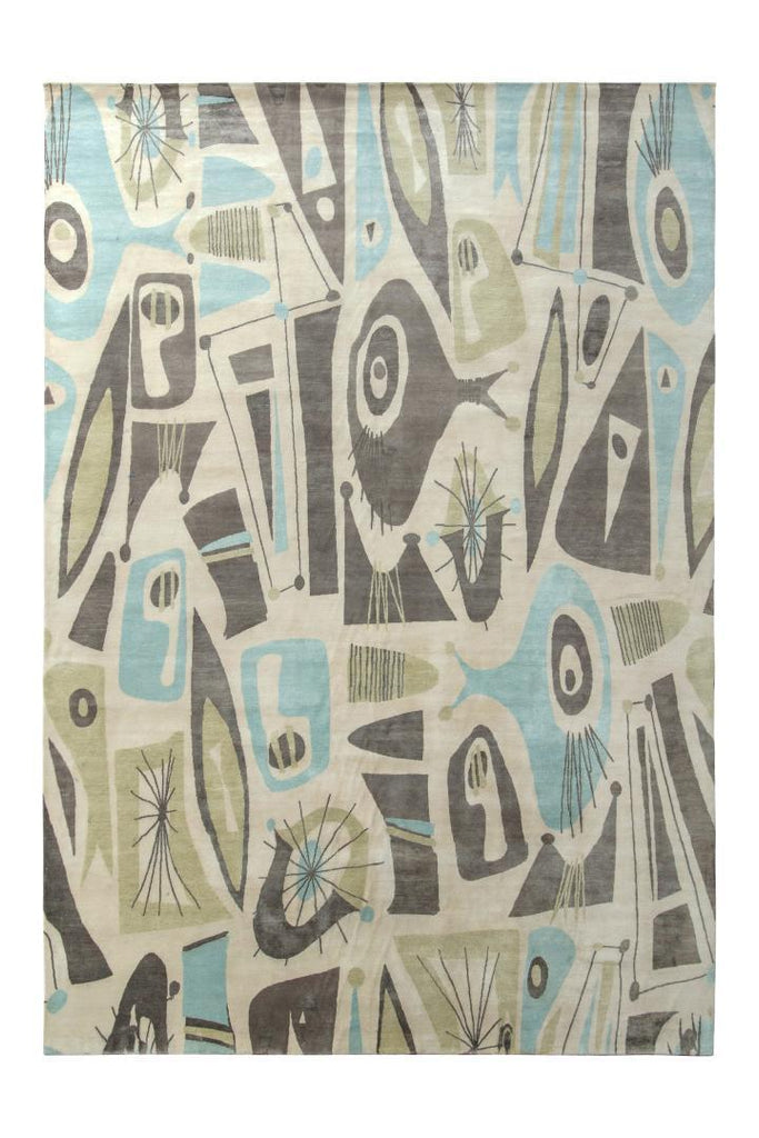 Mid-Century Modern Rug in Taupe, Green and Blue Geometric Pattern