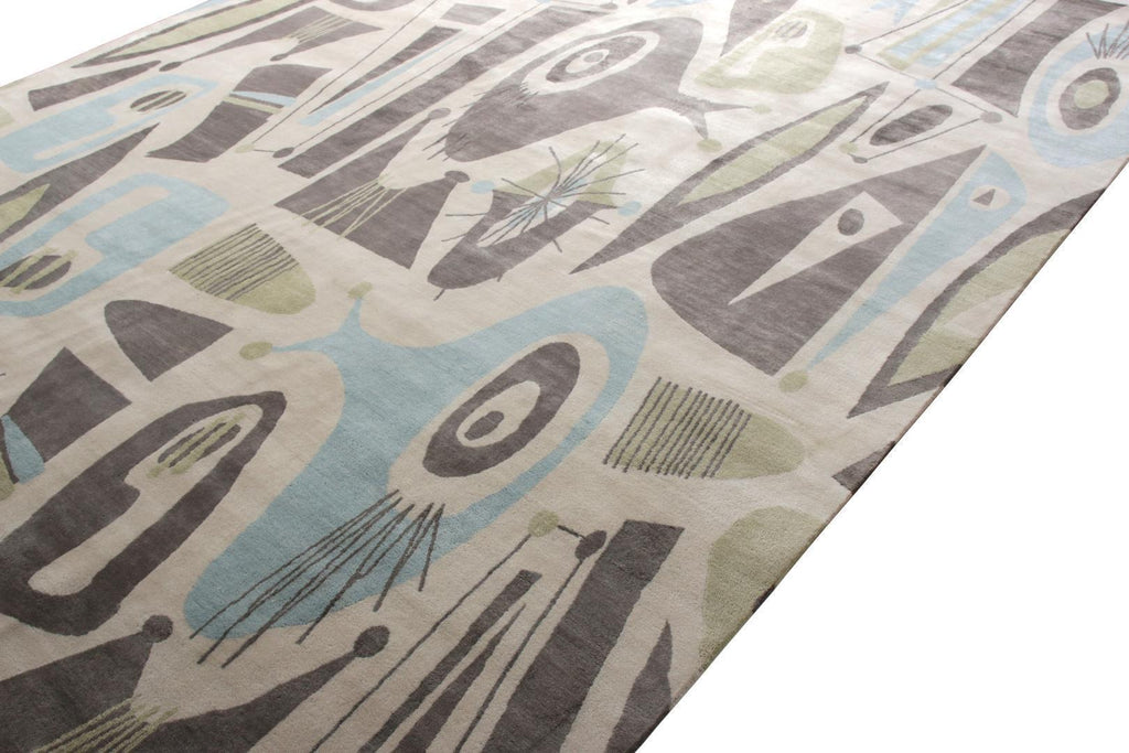 Mid-Century Modern Rug in Taupe, Green and Blue Geometric Pattern