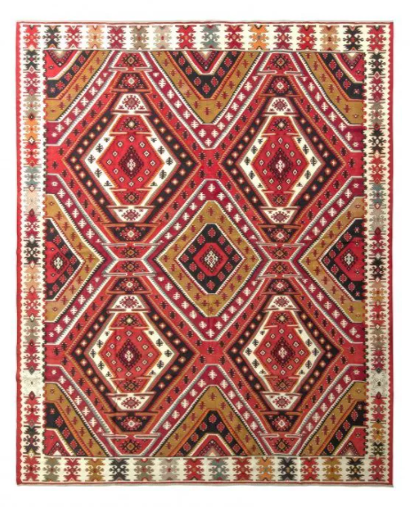 Handwoven Vintage Mid-Century Kilim Rug In Red Geometric All Over Pattern