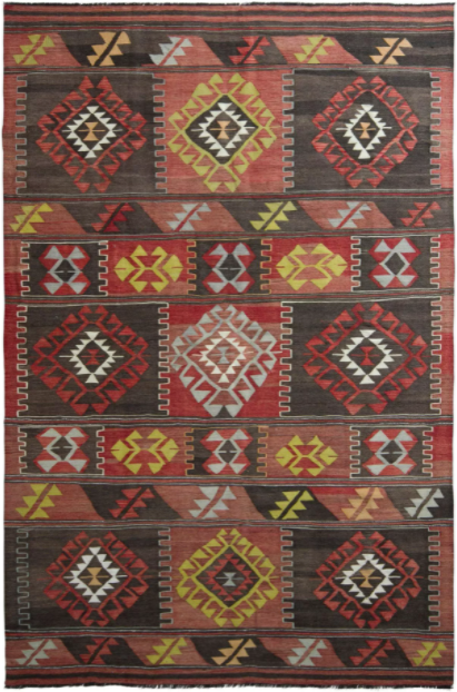 Mid-Century Vintage Kilim Rug In Red Brown Geometric Tribal All Over Pattern