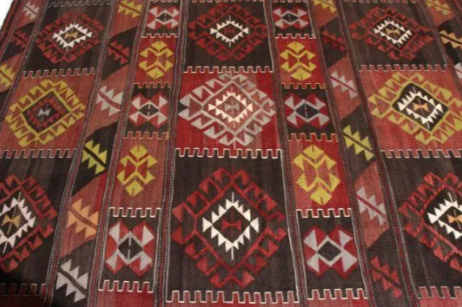 Mid-Century Vintage Kilim Rug In Red Brown Geometric Tribal All Over Pattern