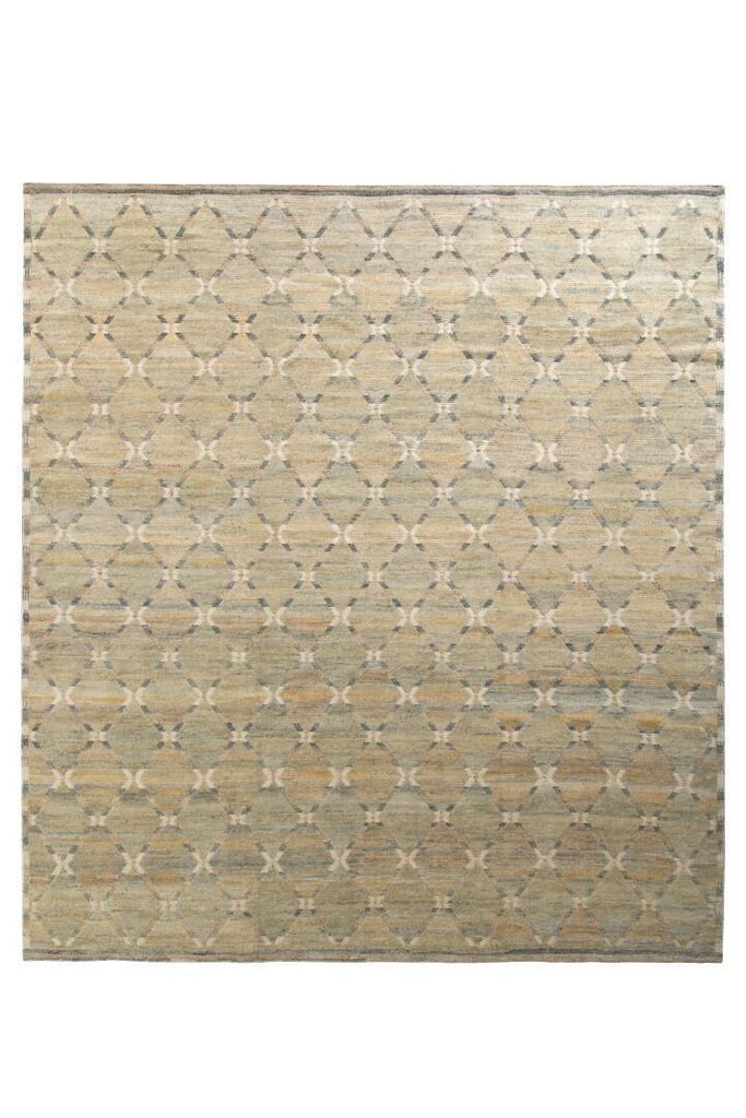 Scandinavian Rug In Green And Beige Brown Trellis Pattern