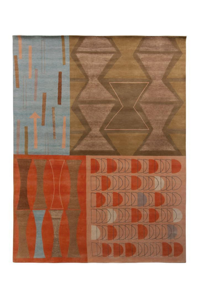 Mid-Century Modern Rug in Beige-Brown and Red Retro Pattern