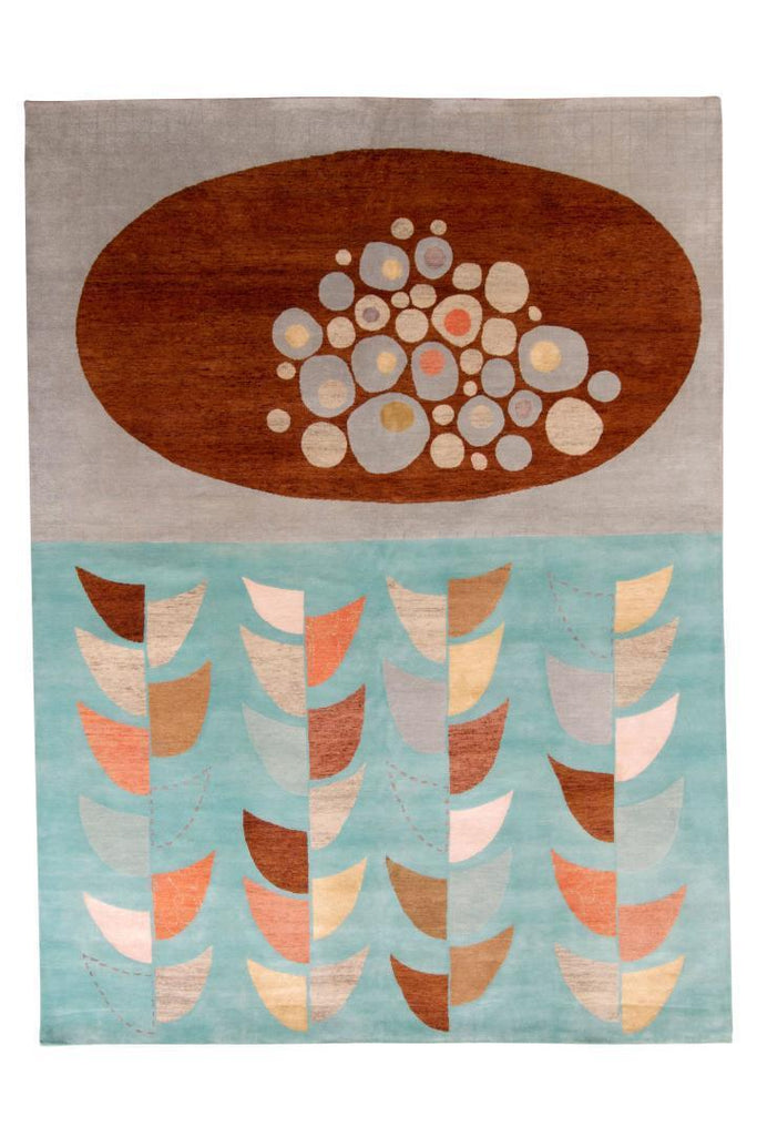 Mid-Century Modern Rug in Blue and Brown Geometric Pattern