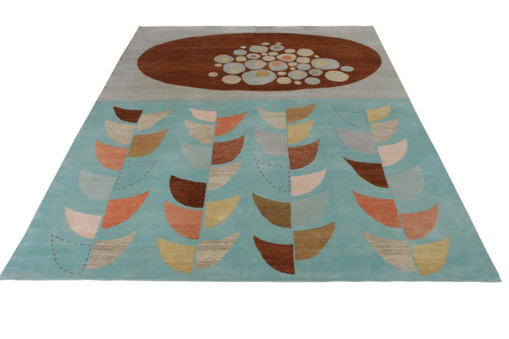 Mid-Century Modern Rug in Blue and Brown Geometric Pattern