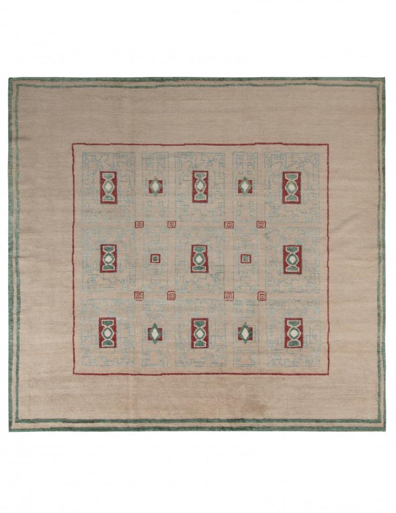 French Art Deco Rug in Beige and Green Geometric Pattern
