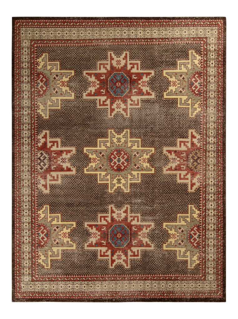 Distressed Kuba Style Rug In Beige-Brown And Red Geometric Pattern - 23879