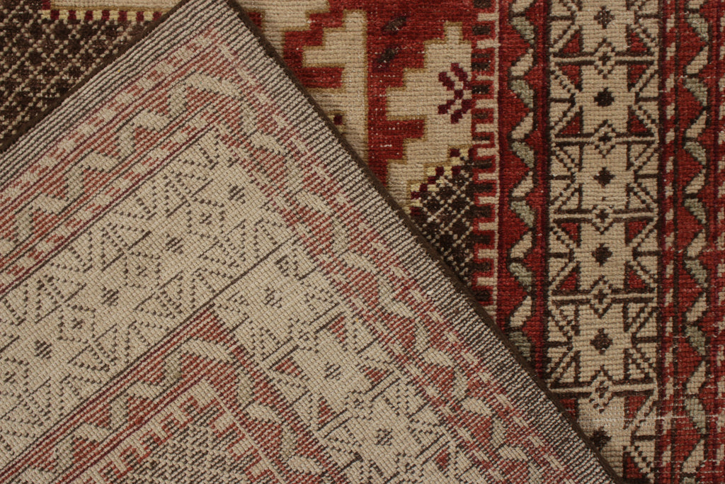 Distressed Kuba Style Rug In Beige-Brown And Red Geometric Pattern - 23879