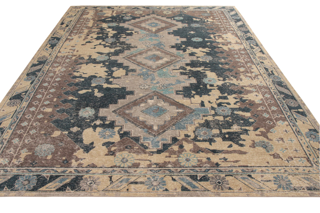 Distressed Style Rug In Blue And Beige Brown Geometric Pattern - 23884