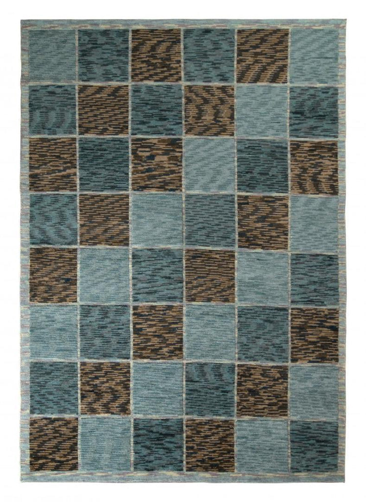 Scandinavian Rug in Blue and Beige-Brown Geometric Pattern