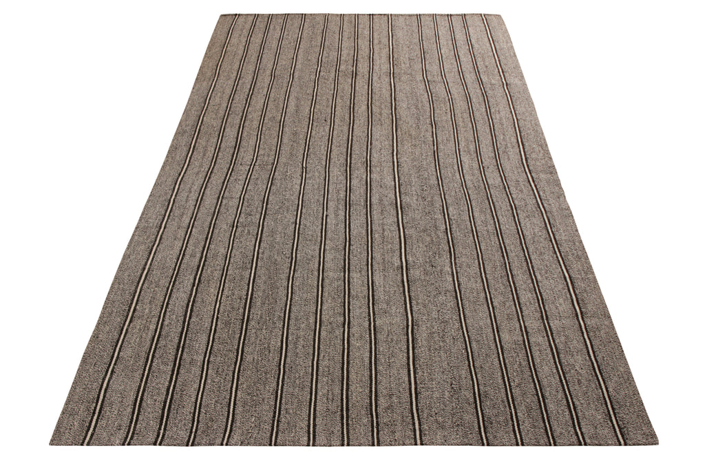 Handwoven Vintage Striped Kilim Rug In Gray, White, And Black - 23906