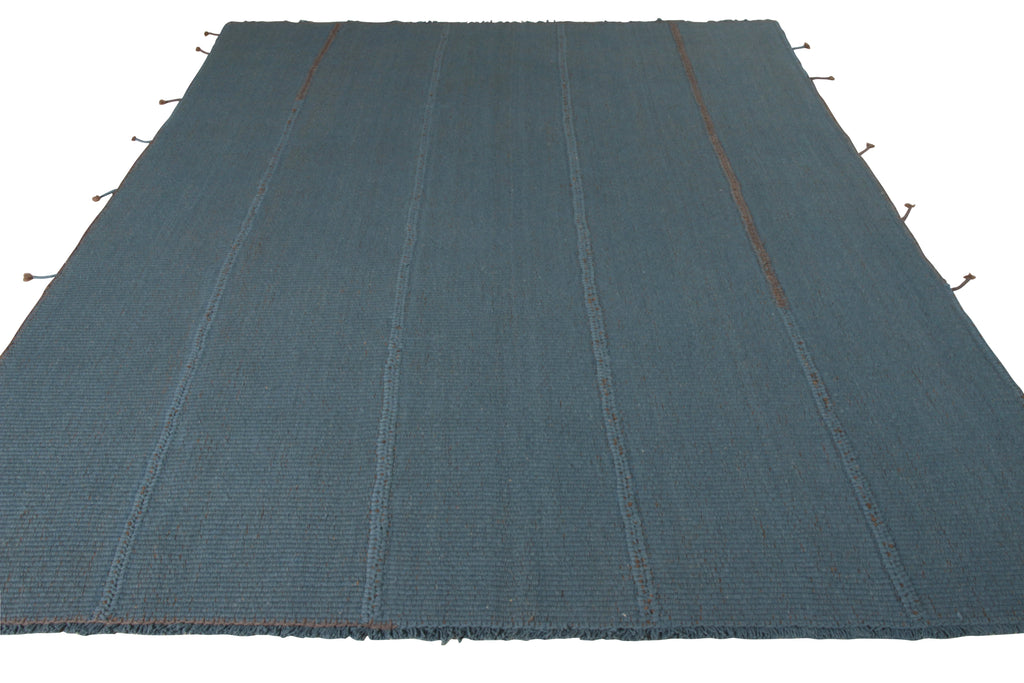 Custom Kilim Rug In Blue Brown Solid Striped Pattern - 23939