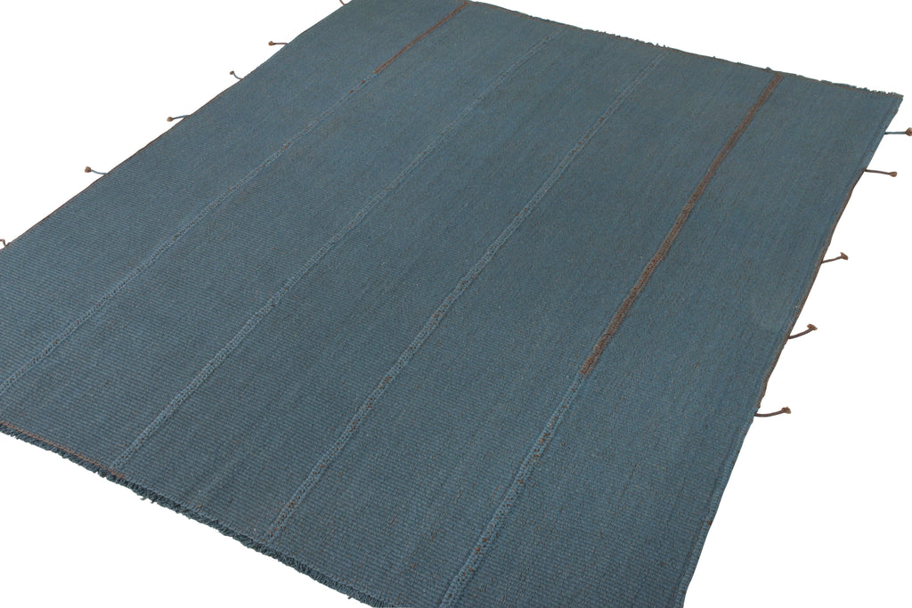 Custom Kilim Rug In Blue Brown Solid Striped Pattern - 23939