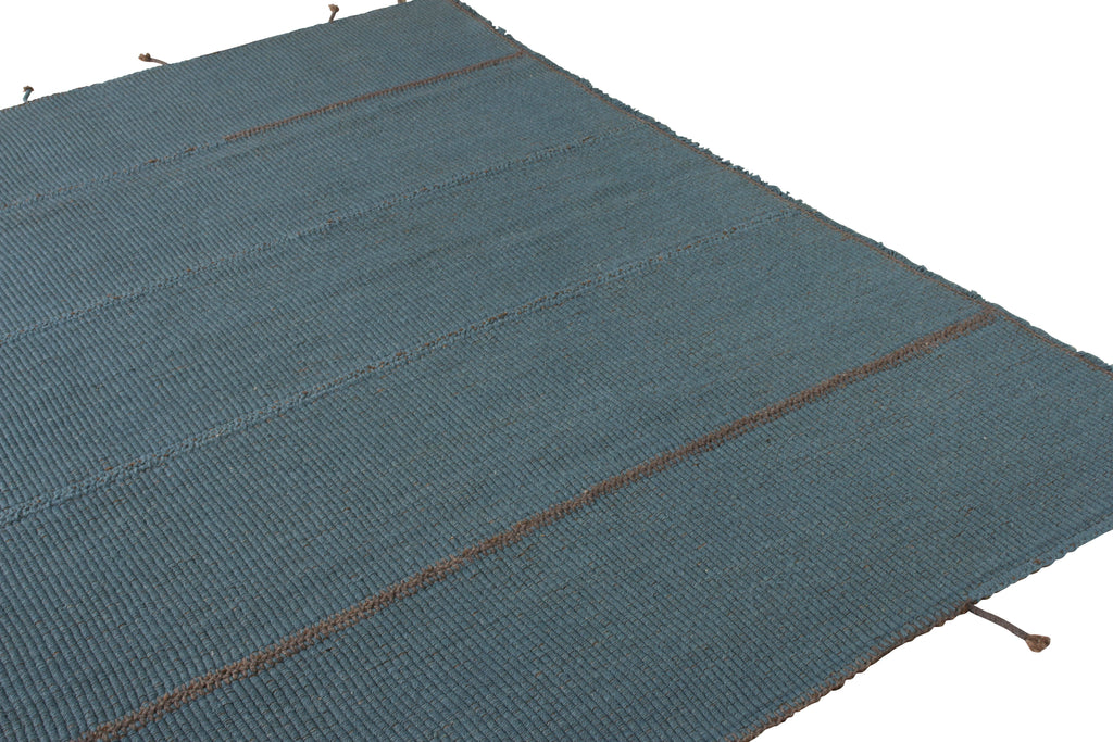 Custom Kilim Rug In Blue Brown Solid Striped Pattern - 23939