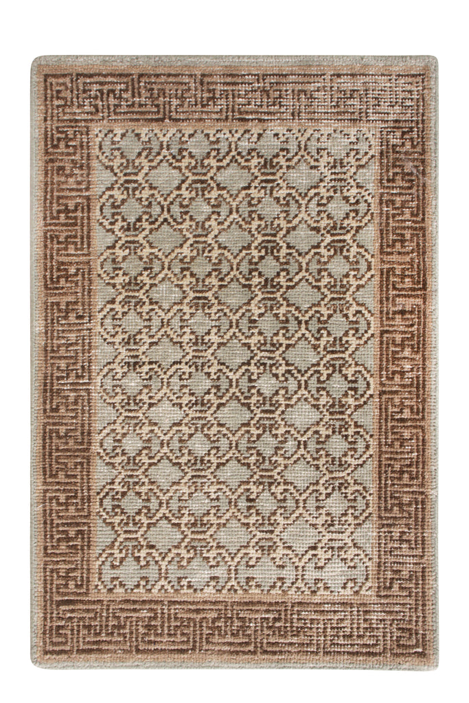 Khotan Style Rug In Distressed Blue, Beige-Brown Trellis Pattern - 23956