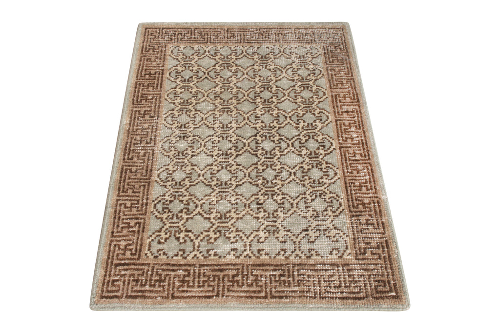 Khotan Style Rug In Distressed Blue, Beige-Brown Trellis Pattern - 23956