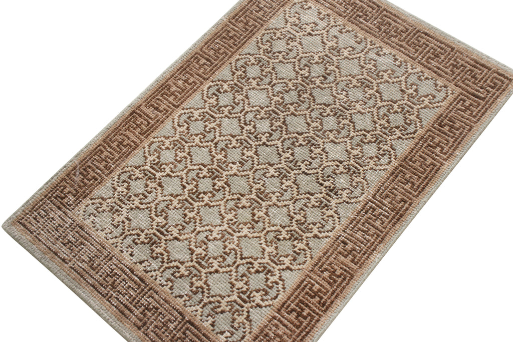 Khotan Style Rug In Distressed Blue, Beige-Brown Trellis Pattern - 23956