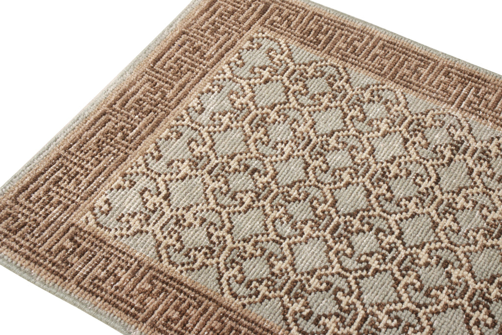 Khotan Style Rug In Distressed Blue, Beige-Brown Trellis Pattern - 23956