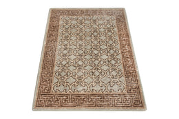 Khotan Style Rug In Distressed Blue, Beige-Brown Trellis Pattern - 23957