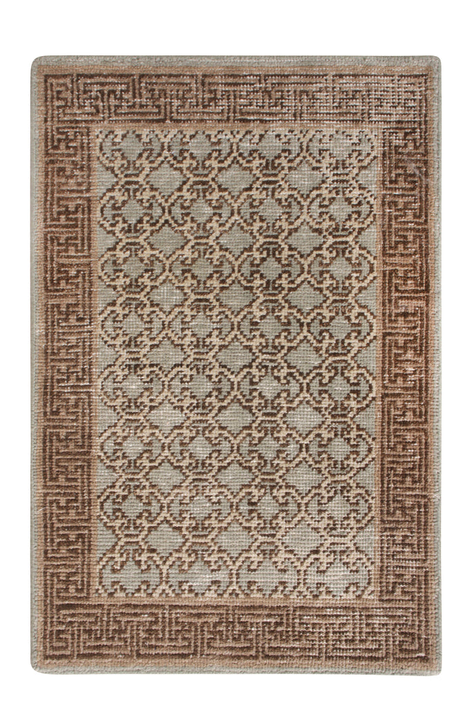 Khotan Style Rug In Distressed Blue, Beige-Brown Trellis Pattern - 23960