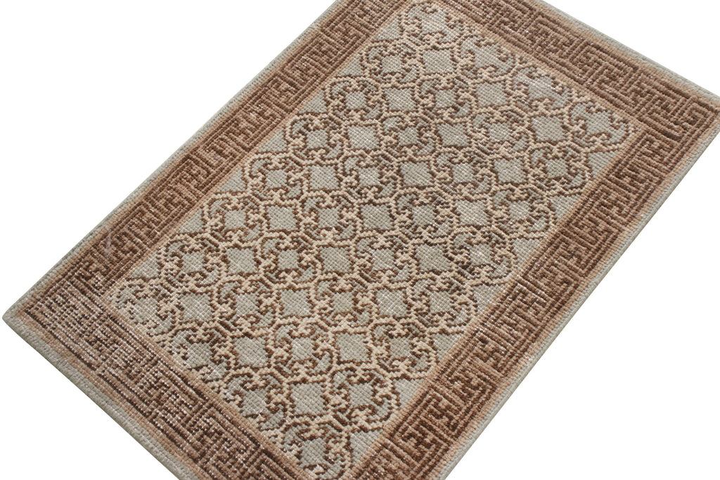 Khotan Style Rug In Distressed Blue, Beige-Brown Trellis Pattern - 23960