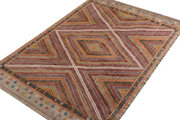 Handwoven Vintage Kilim Rug In High-Low Multicolor Geometric Pattern - 23962