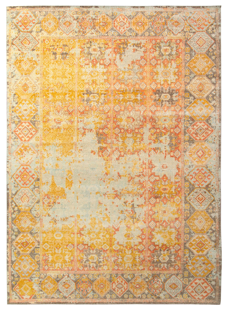 Distressed Style Classic Rug, Orange-Gold, Blue Geometric Pattern - 24015