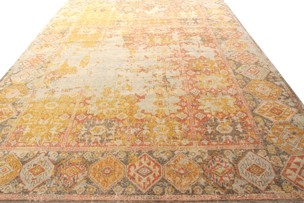 Distressed Style Classic Rug, Orange-Gold, Blue Geometric Pattern - 24015