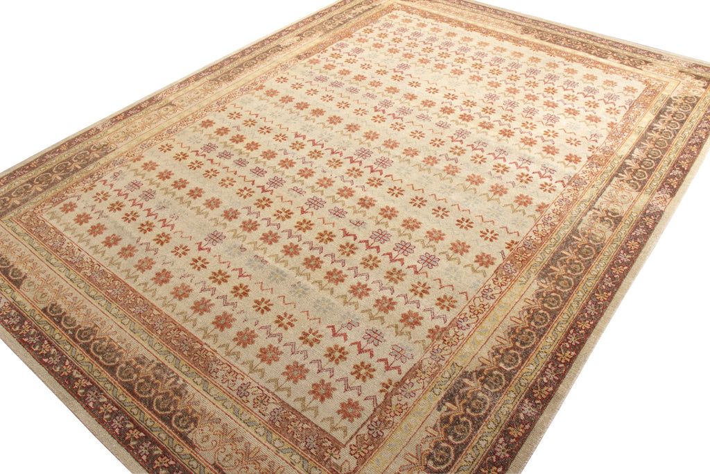 Distressed Style Rug In Beige-Brown And Red Floral Pattern - 24036