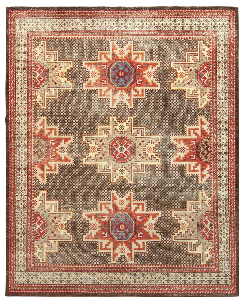 Distressed Kuba Style Rug In Red, Beige-Brown Medallion Pattern - 24038