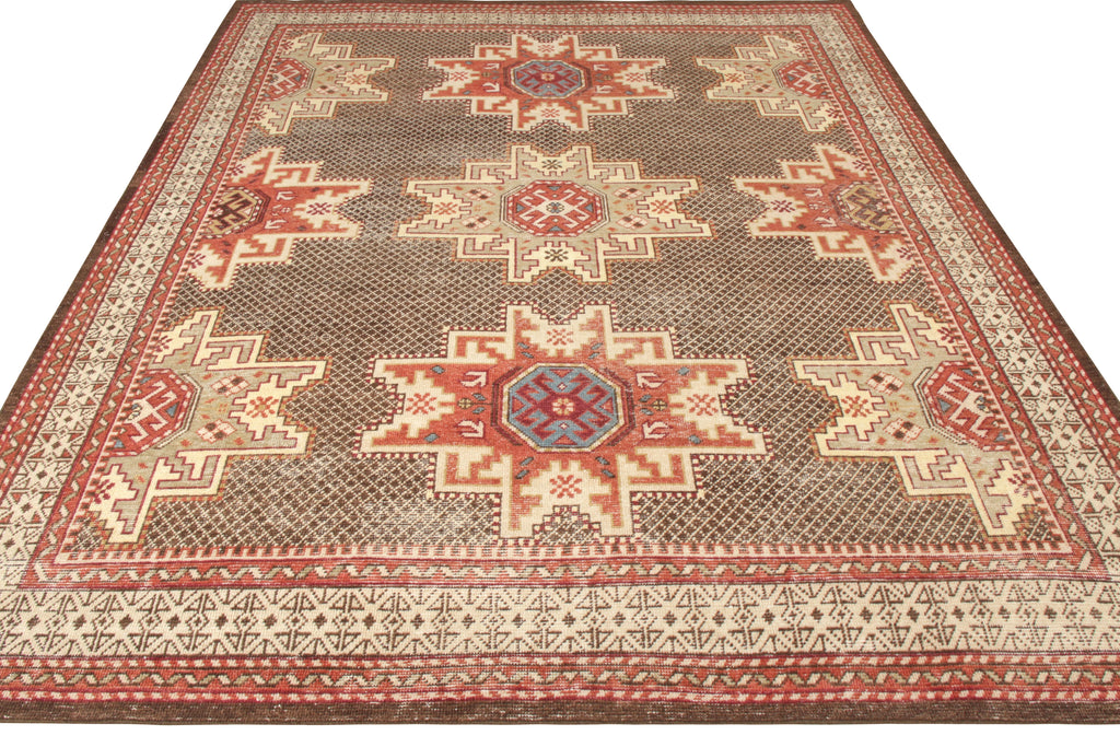 Distressed Kuba Style Rug In Red, Beige-Brown Medallion Pattern - 24038