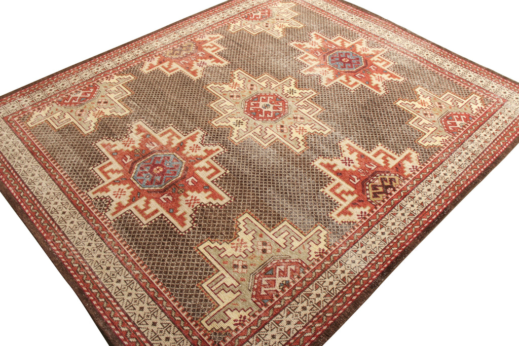 Distressed Kuba Style Rug In Red, Beige-Brown Medallion Pattern - 24038