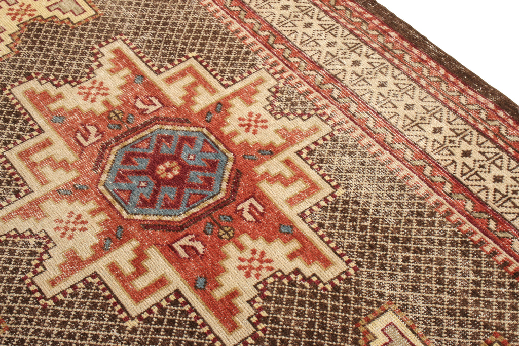 Distressed Kuba Style Rug In Red, Beige-Brown Medallion Pattern - 24038