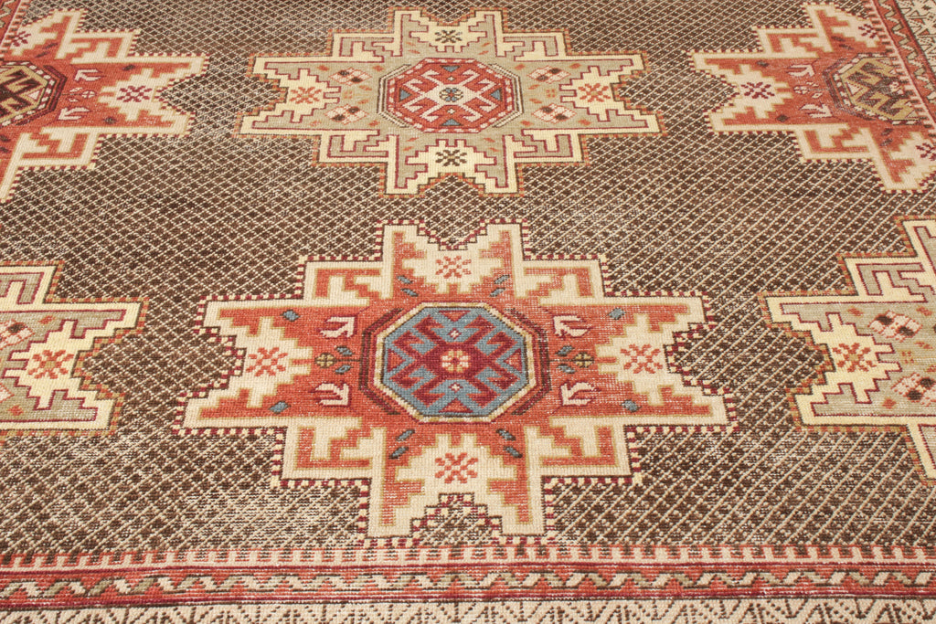 Distressed Kuba Style Rug In Red, Beige-Brown Medallion Pattern - 24038