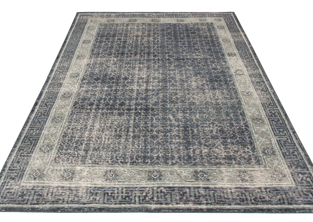 Distressed Khotan Style Rug In Blue, Gray Geometric Pattern - 24054