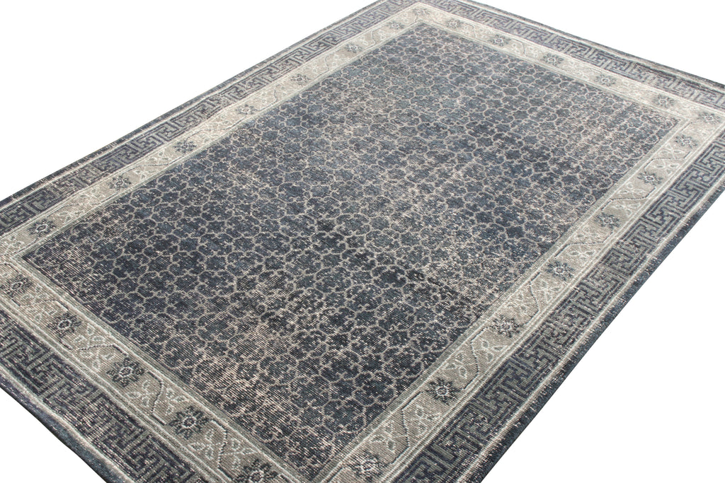 Distressed Khotan Style Rug In Blue, Gray Geometric Pattern - 24054