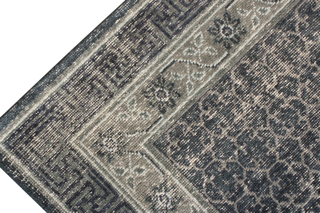 Distressed Khotan Style Rug In Blue, Gray Geometric Pattern - 24054