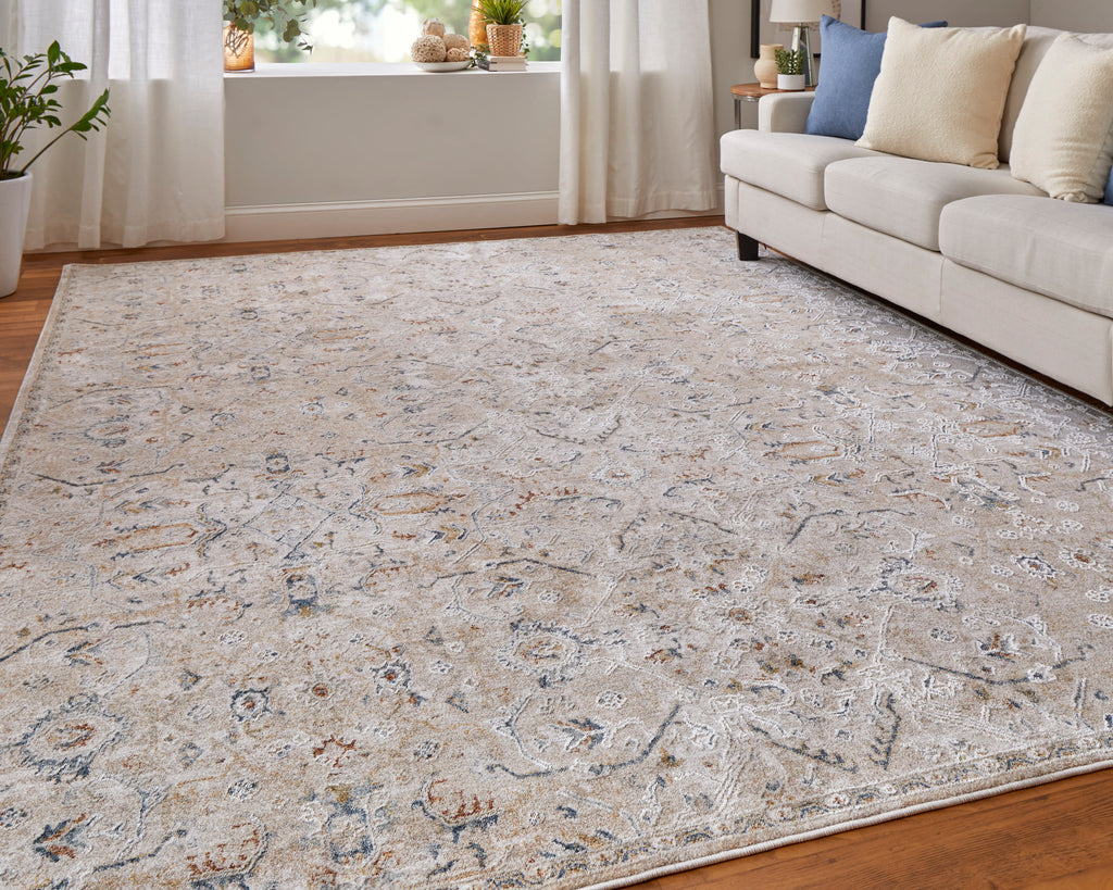 Pasha Transitional Distressed Taupe Ivory Blue Area Rug (6'7" x 9'6")