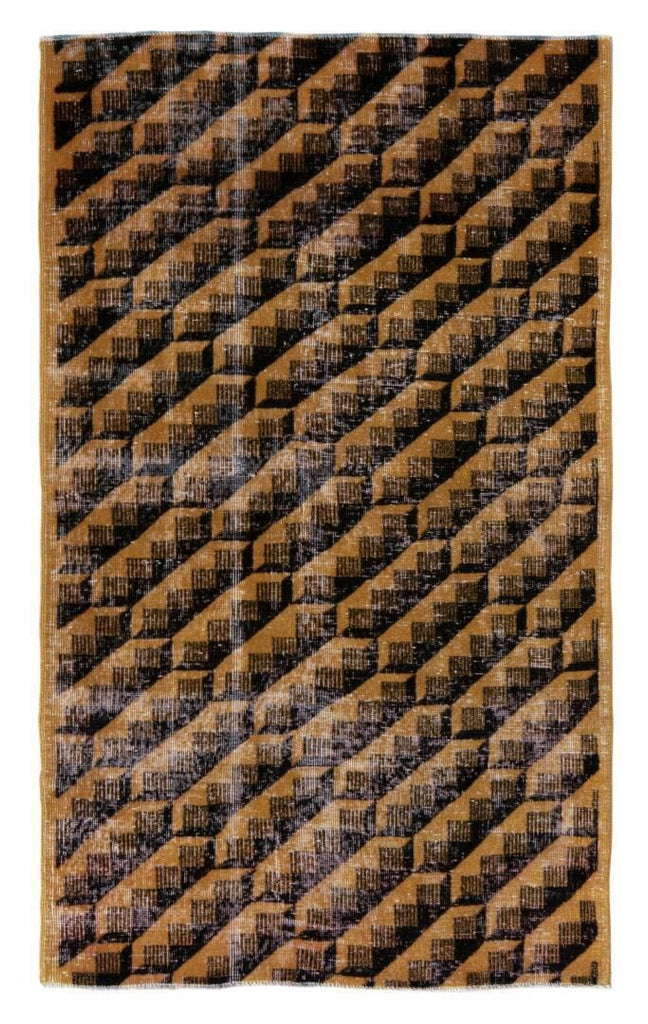 1960S Vintage Art Deco Distressed Rug In Gold, Black Geometric Pattern