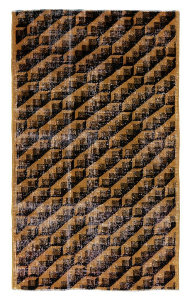 1960S Vintage Art Deco Distressed Rug In Gold, Black Geometric Pattern, 4X6