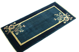 Vintage Chinese Deco Style Rug In Deep Blue Gold Border Light Floral Patterns