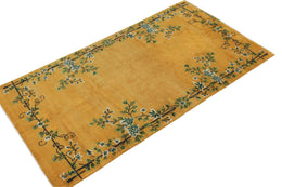 Vintage Signature Art Deco Rug In Gold With Green Floral Patterns