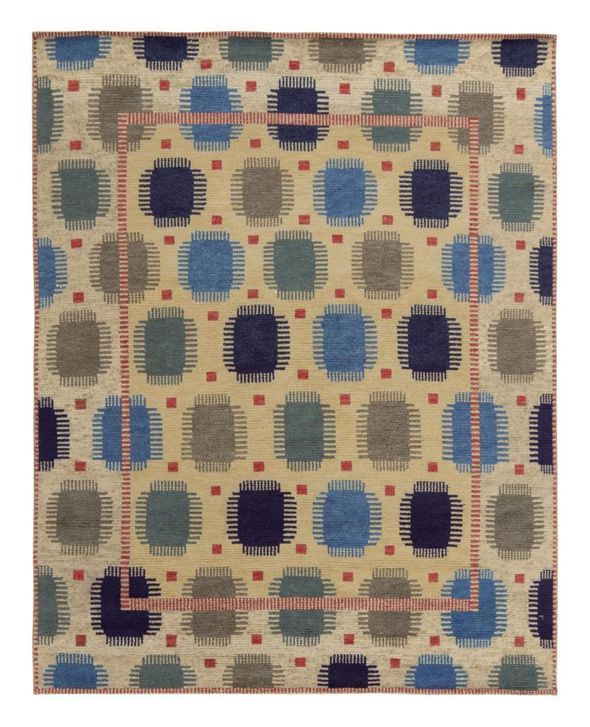 Scandinavian Rug With Beige Brown Blue Geometric Pattern