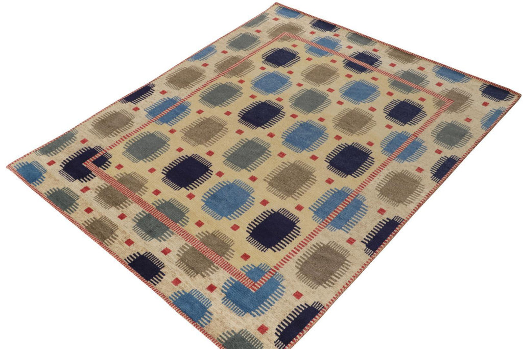 Scandinavian Rug With Beige Brown Blue Geometric Pattern