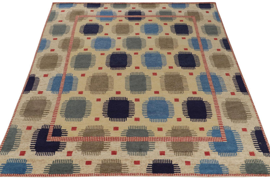 Scandinavian Rug With Beige Brown Blue Geometric Pattern