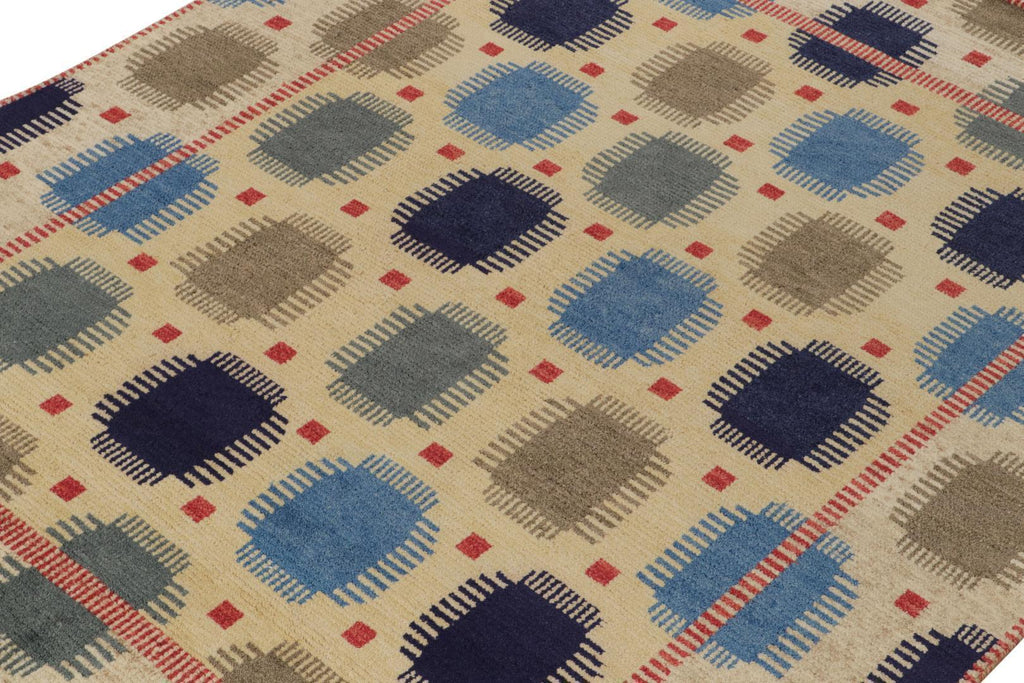 Scandinavian Rug With Beige Brown Blue Geometric Pattern