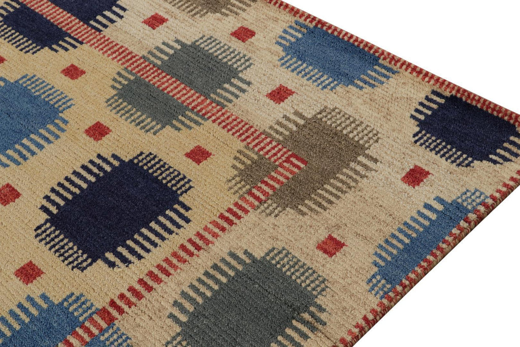 Scandinavian Rug With Beige Brown Blue Geometric Pattern