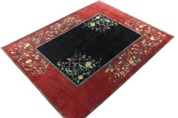 Chinese Deco Rug in Black and Red with Colorful Florals, 96"x122"