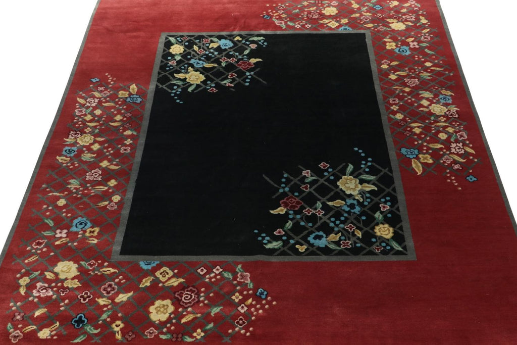 Chinese Deco Rug in Black and Red with Colorful Florals, 96"x122"